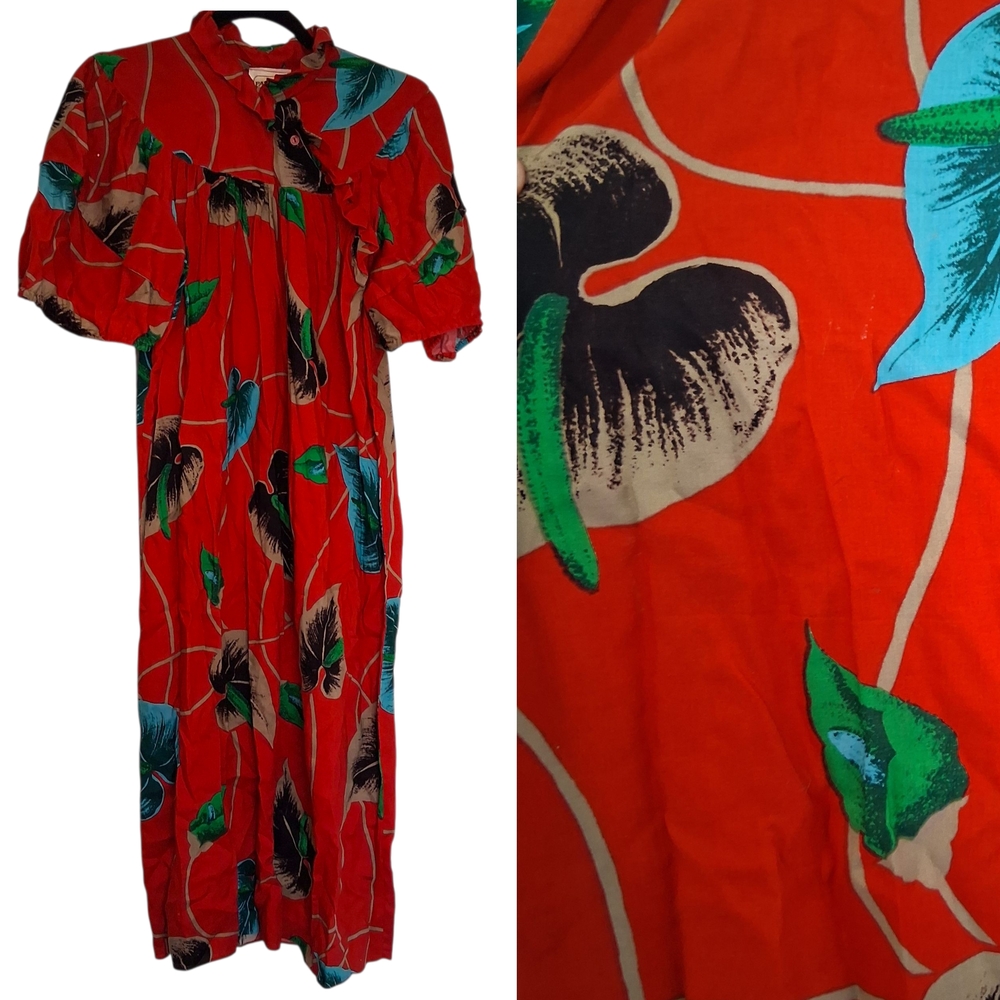​Pantel Montreal Vintage 80s Union Made Red Tropical Leaf Print Midi Dress